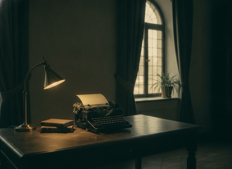 A desk lamp lighting a typewriter in a dark study